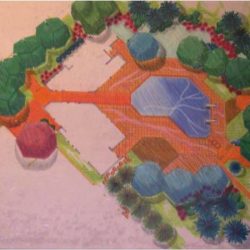 A colored site plan illustration showing a central pool, pathways, and surrounding trees and vegetation.